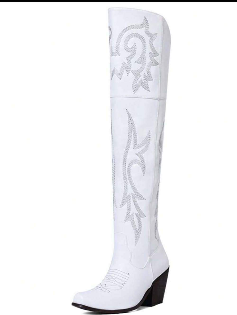 White Over-the-Knee Western Boot with Embroidered Accents